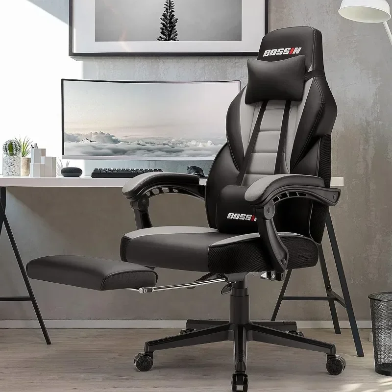 BOSSIN Gaming Chair with Massage, Ergonomic Heavy Duty Design with Footrest and Lumbar Support, Large Size Cushion High Back