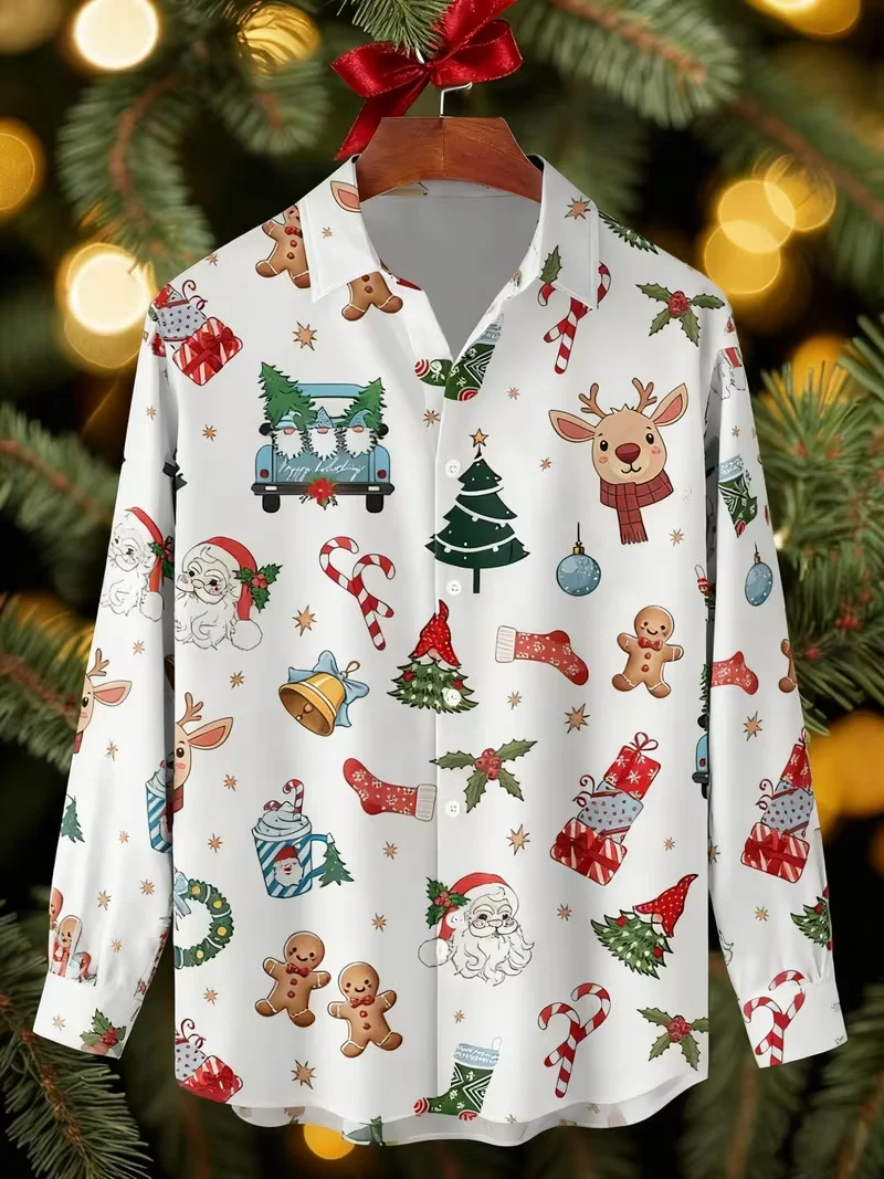

Гавайская рубашка с рисунком Санта-Клауса, мужская рождественская рубашка с пряничным 3D принтом, повседневная рубашка, топ с длинными рукавами