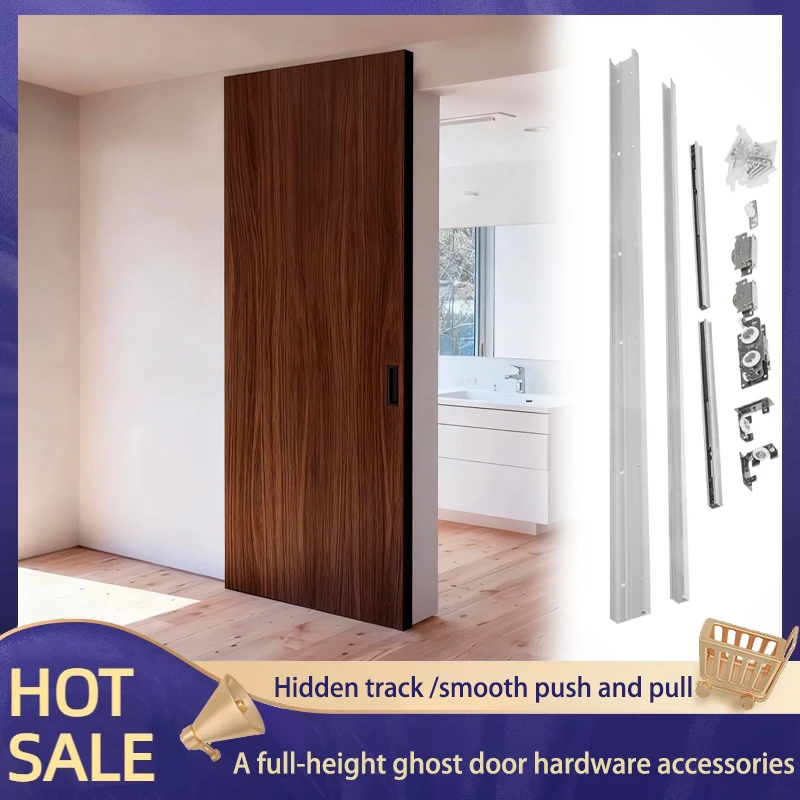 Full Height Trackless Ghost Sliding Door Hardware With Hidden Hanging Rail And Two Way Soft Close For Bathroom Door