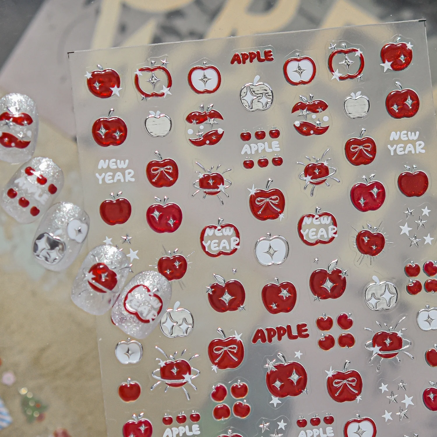 5D Red Apple Nail Art Stickers Half Cut Apple Bowknot Star New Year Theme Nail Decals Self Adhesive DIY Manicure Decorations