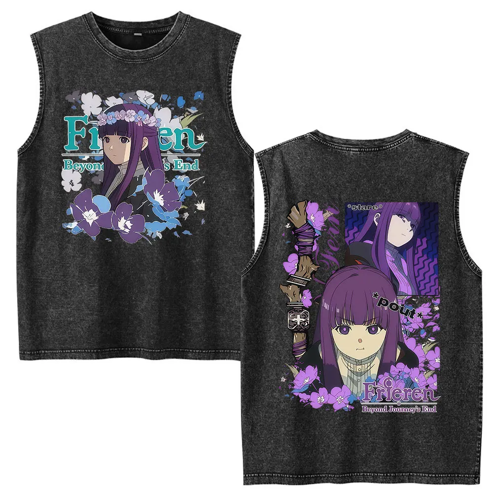 Anime Frieren Beyond Journey's End Fern Graphic Vintage Washed Vest T-shirt Men's Clothing Cotton Sleeveless Tank Tops Oversized