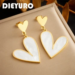 DIEYURO 316L Stainless Steel Golden White Fritillaria Heart Earrings For Women Girl Exquisite New Trend Ear Buckle Jewelry Gift