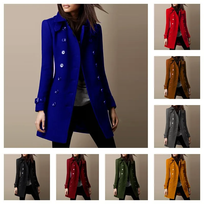 Patchwork Loose Fit Coat Midi Length Casual with Long Sleeve Stand Collar Double Breasted Commuter Style Women Autumn Coat