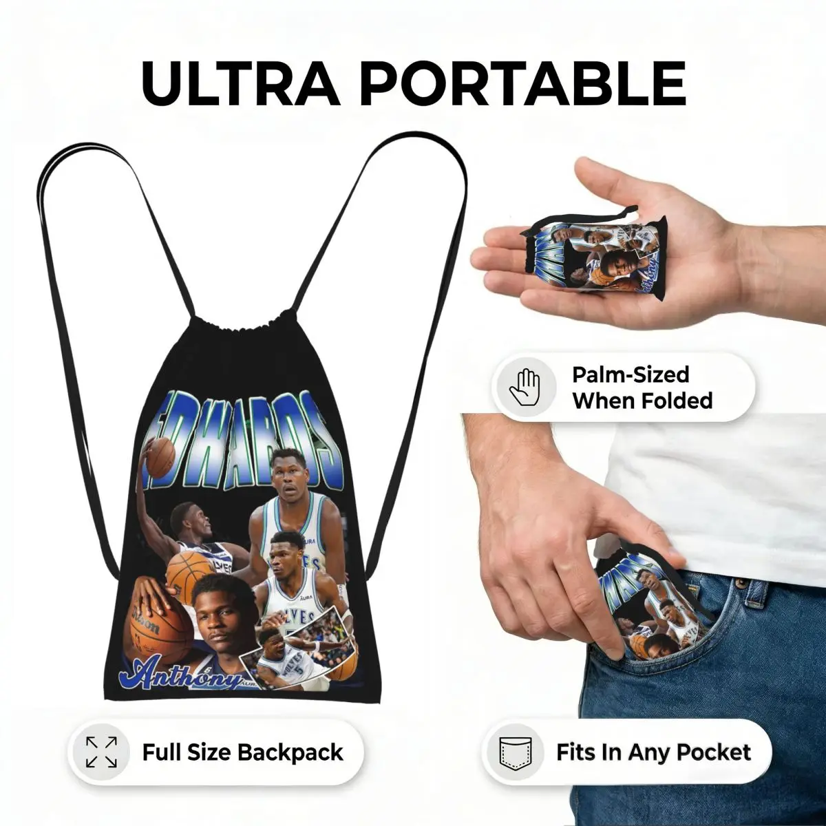 Anthony Edwards Drawstring Backpack hiking cycling Bag Lightweight Foldable Storage Drawstring Bag for Men Women