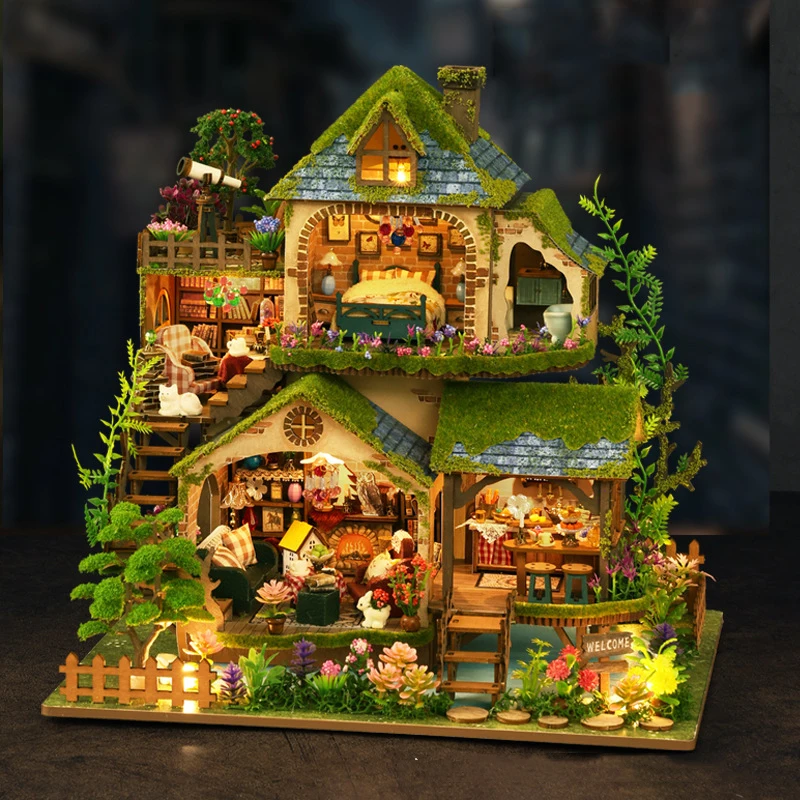 DIY Forest Castle Wooden Dollhouse Miniature With Furniture Kit 3D House Assemble Toys for Children Adult Birthday Gift Casa