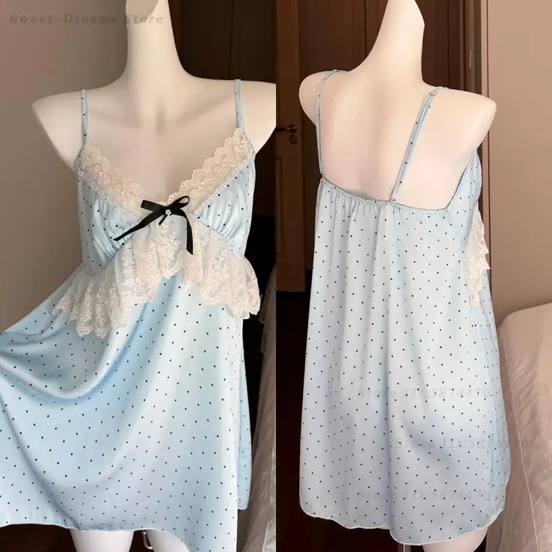 

Новая женская ночная сорочка оверсайз 4XL, домашняя одежда для весны и лета, кружевная пижама, интимное белье, домашнее платье из ледяного шелка в горошек