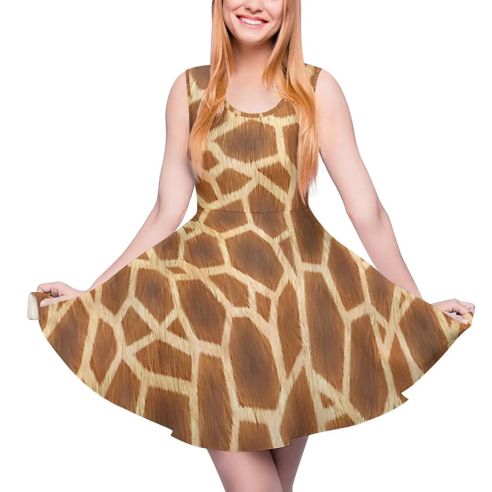 Robe imprimée girafe pour femme, robe de skate graphique, mode de rue animale, marron fibre, grande taille, mignon, été