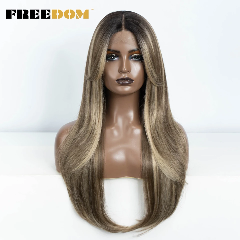 FREEDOM Straight Synthetic Lace Front Wigs For Women 26 Inch Long Lace Wig With Bangs Ombre Brown Blonde Grey Red Cosplay Wig