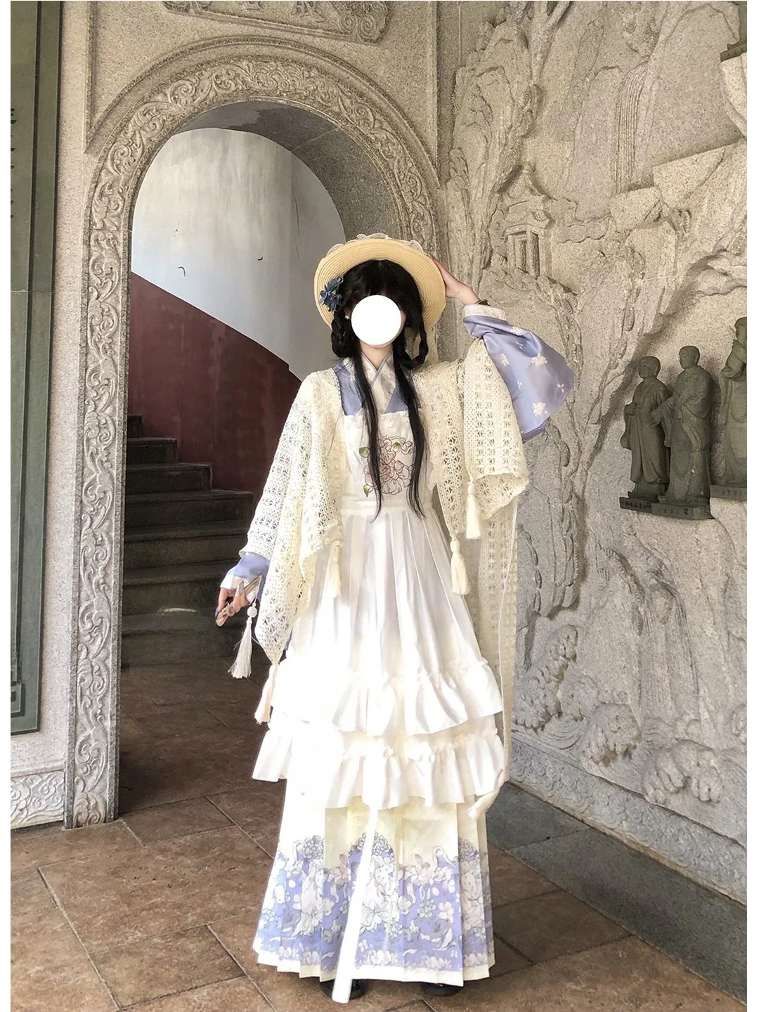Blue Ming Dynasty Style  Tail Skirt Lolita Dress Autumn Winter Edition Cute Daily Wear Hanfu Costume Set