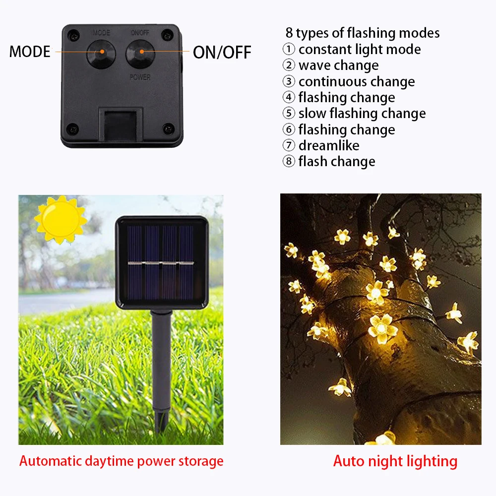 100 20LEDs Solar Fairy Light Cherry Blossom String Lights Waterproof 5m 7m 12m for Wedding Party Garden Christmas Outdoor Decor
