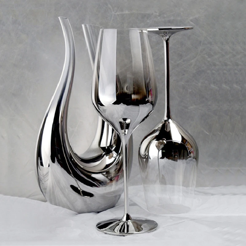 

Galvanized Silver Grey Gradient American Red Wine Glasses Metallic Feel Goblet Crystal Glass Champagne Glasses Barware Set