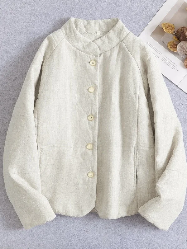 

Korean Japanese Cotton Linen Jaet Long Sve Stand Collar plus Size Warm Women's Outerwear Comfortable Loose Sle Commute