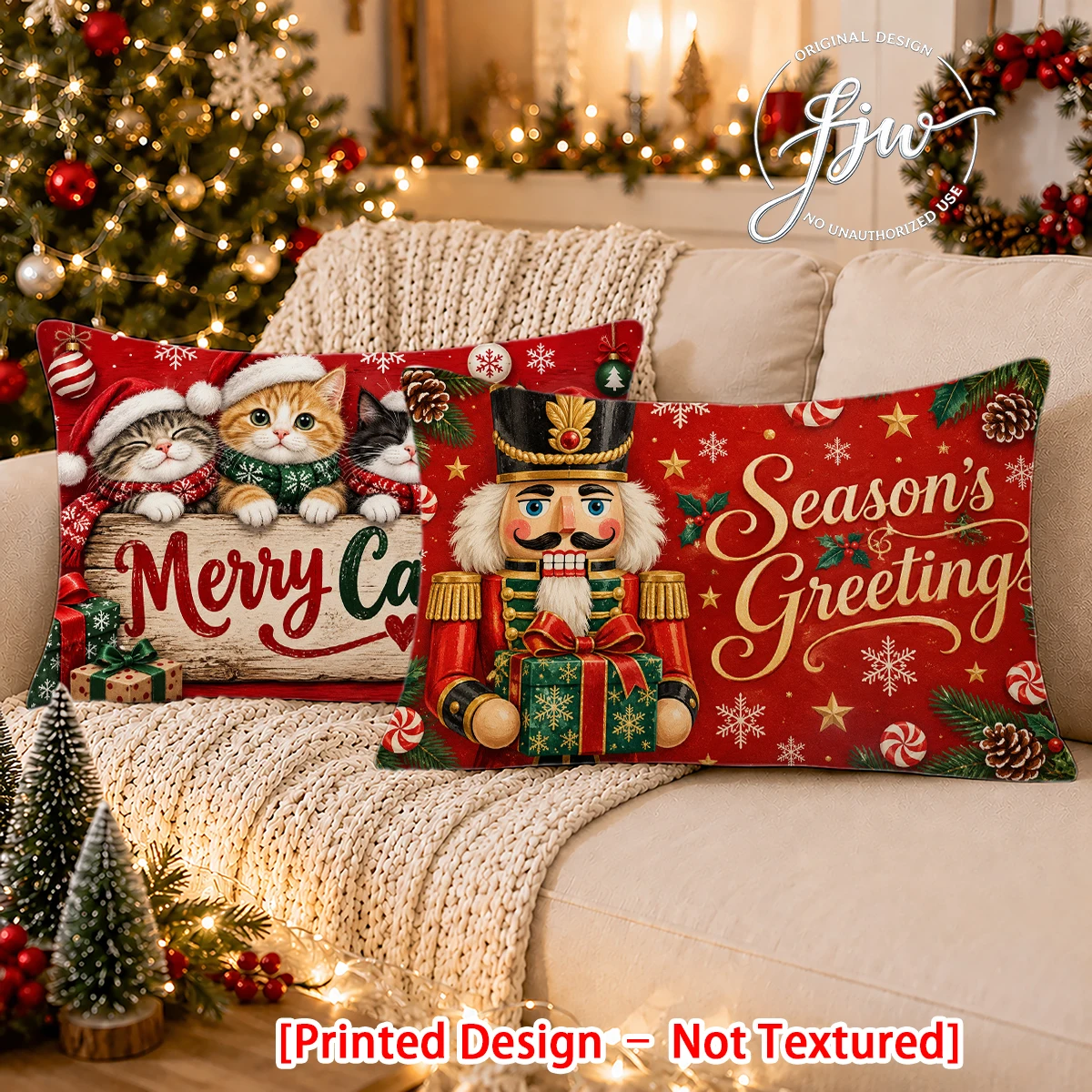 2pc Christmas Throw Pillow Covers Set of 2, Nutcracker & Cute Cats Holiday Decorative Cushion Cases for Home Sofa Couch