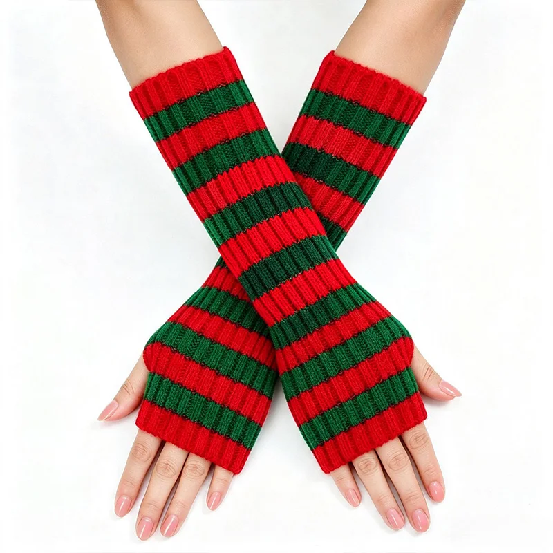 2026 Y2k Accessories Arm Warmers Free Shipping Sleeves for Women Knit Winter Half Finger Gloves Black Pink Stripe