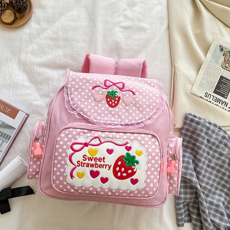 Mädchen Stickerei Erdbeer Schule Rucksack Kinder Schult asche Student Mädchen Geburtstags geschenk japanischen Stil Cartoon Tages rucksäcke süß