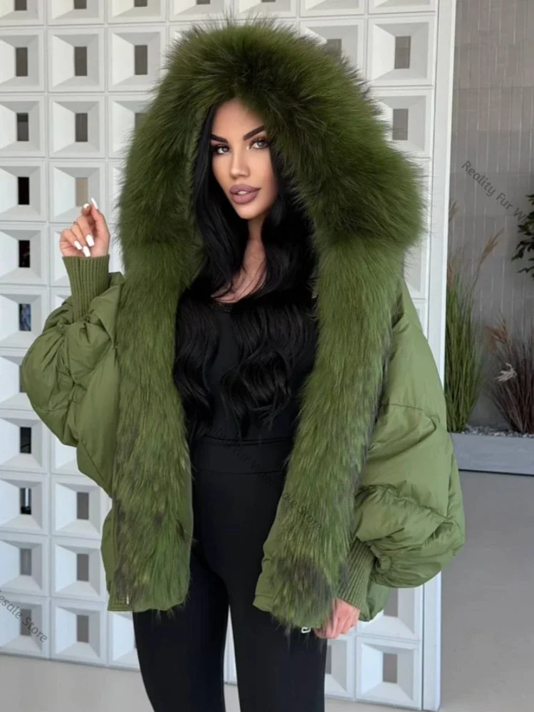 White Duck Down Coat Women Real Fur Jacket Thicken Warm Puffer Jacket Hooded Knitted Sleeve Mid Long Parka New Winter Large