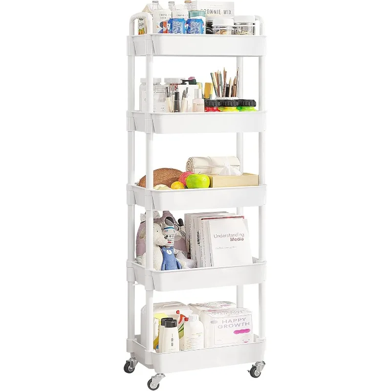 5-Tier Rolling Utility Cart with 12 Category Labels,Multifunctional Storage Shelves with Handle and Lockable Wheels