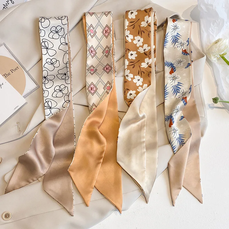 4 stücke Dünne Tasche Band Schals für Frauen Mode Druck Weiche Satin Haarband Foulard Halstuch Weibliche Krawatte Haar Schal – Detail 1