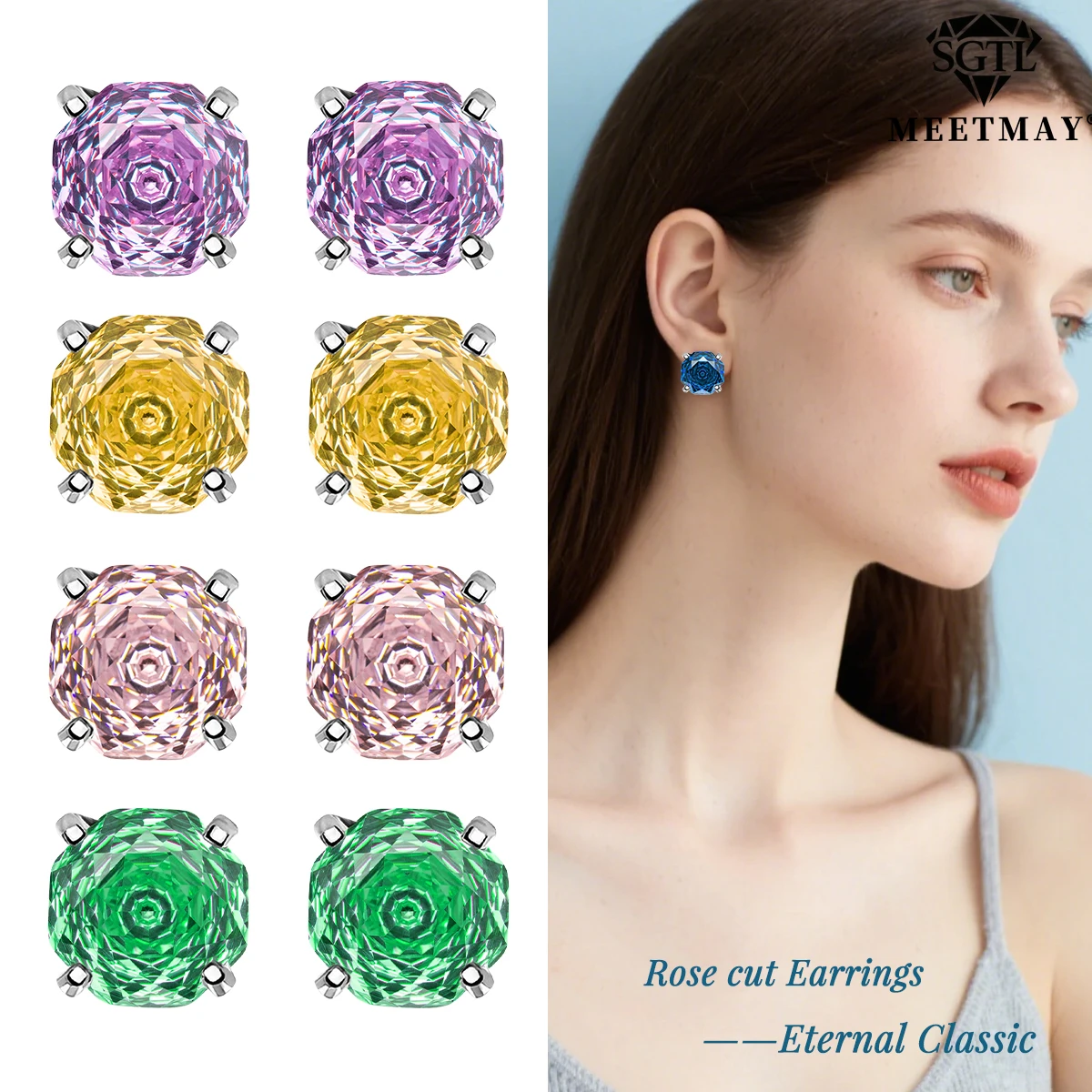 

S925 silver plated platinum and golden cubic zirconia Classic rose cut earrings fine women's jewelry rose shape stud ear gifts