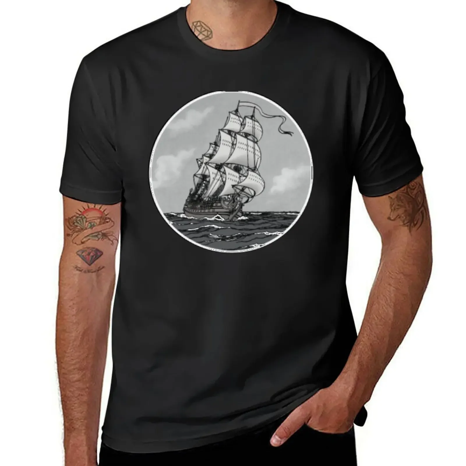 Sailing ship La Licorne in black and white T-Shirt basketball graphic tees oversized graphic tee sweat shirts, men