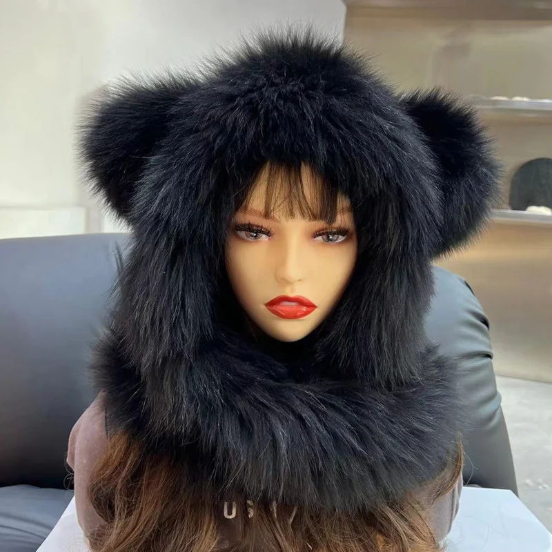 Fox Fur Hat Scarf Winter Real Fur Hat Warm Earprotect Cap Fluffy Natural Fox Fur Hats Luxury Knit Genuine Fur Hooded Scarf Lady