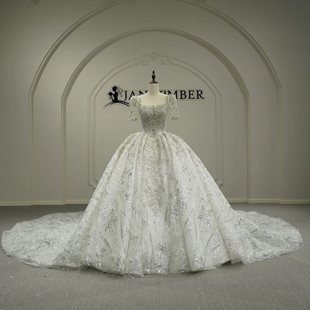 Customized Luxurious Sexy Big Skirt Wedding Dress With Square Collar Long Sleeved Sequins Bead Chapel Train Vestidos De Novia