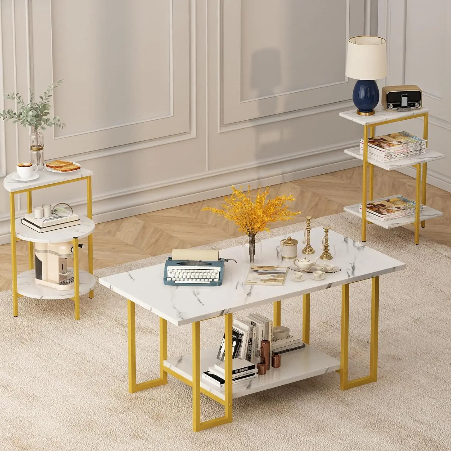 Faux Marble Coffee Table & 2 Side Tables White Gold Living Room Furniture, Customized