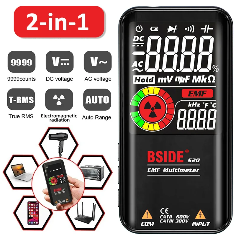 2-in-1 Digital Multimeter Rechargeable 9999 Counts Auto Range Voltmeter with EMF Detector Capacitance Ohm NCV Hz Voltage Tester