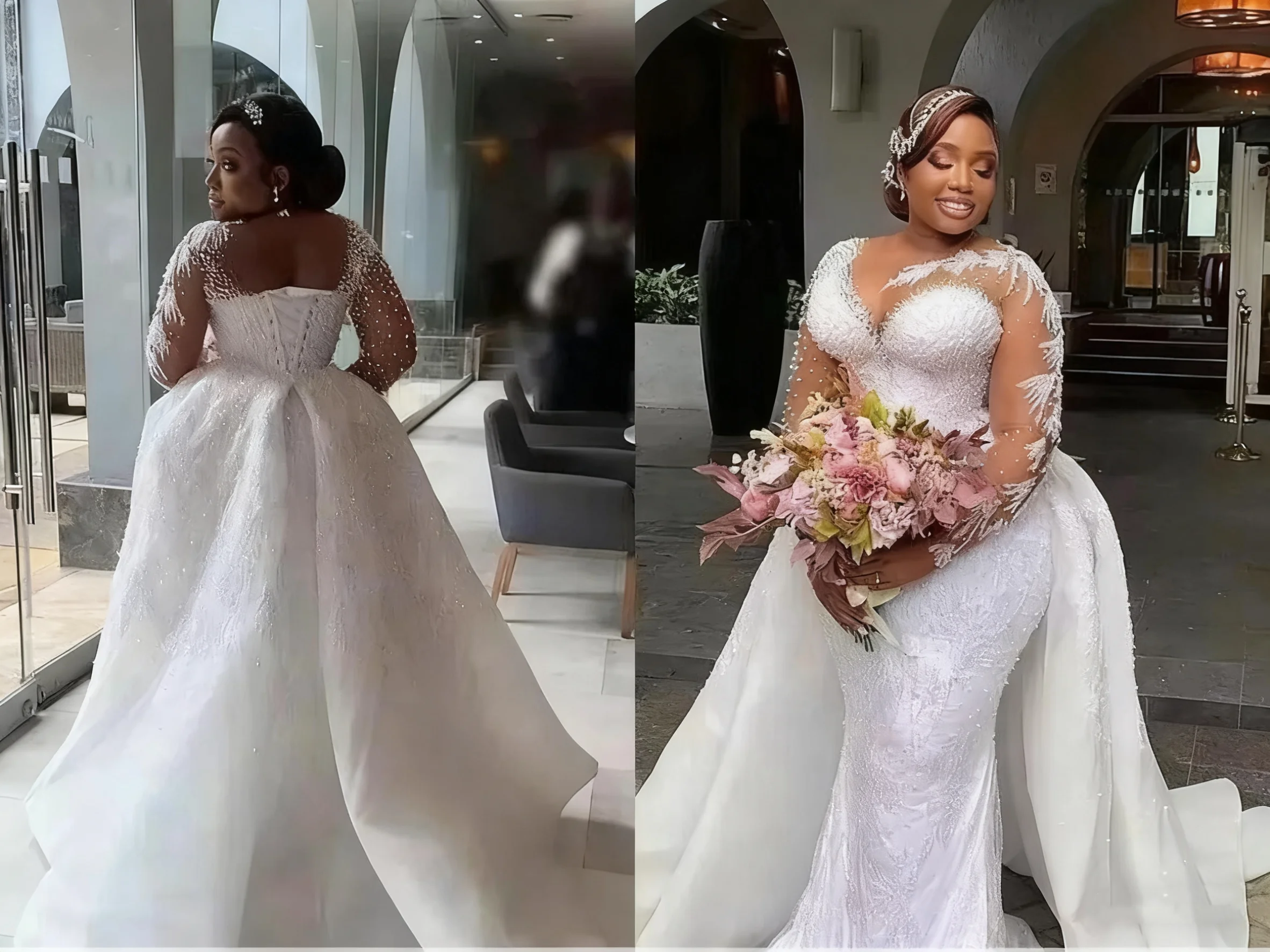 African Luxury Mermaid Wedding Dress Pearl Beads 2-in-1 Detachable Train plus size Long Sleeve Bridal Dress Customization