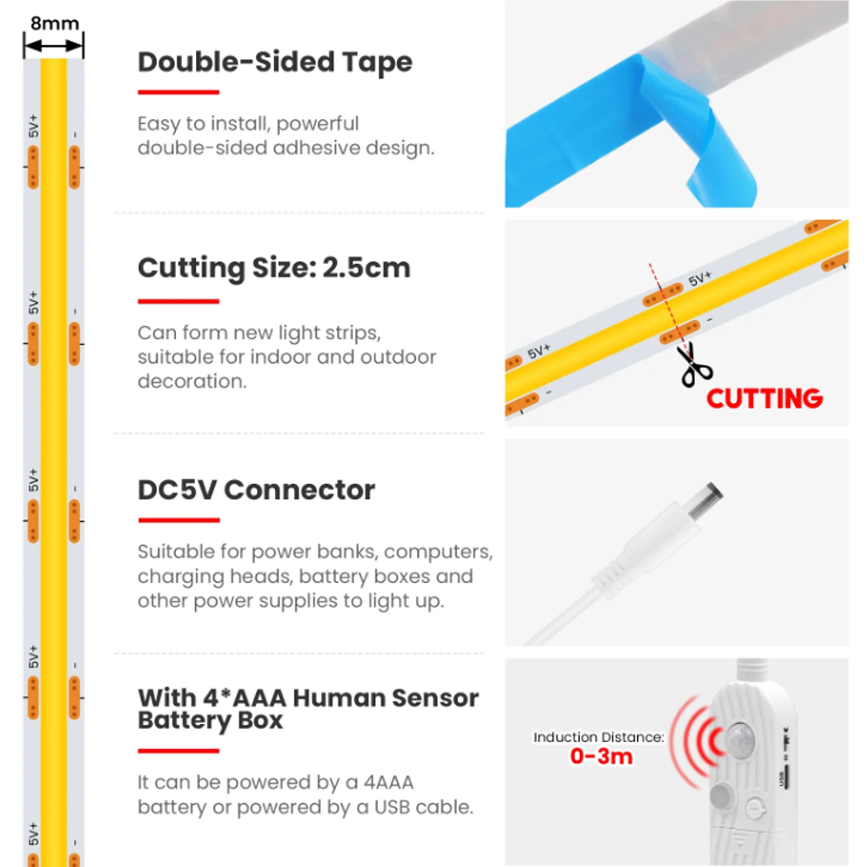 5 فولت COB LED قطاع ضوء 320 المصابيح/م PIR محس حركة عكس الضوء مرنة LED الشريط الشريط USB/بطارية تعمل بالطاقة DIY الخلفية للغرفة