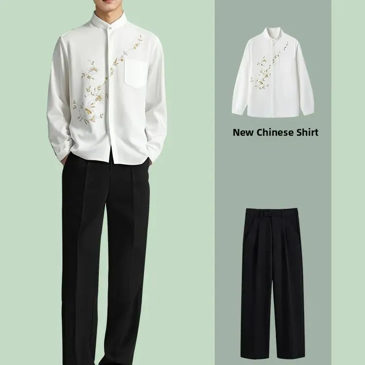 

2025 New Spring Autumn Chinese Embroidery National Style Stand Collar White Long Sleeve Shirt High End Marriage Engagement Shirt