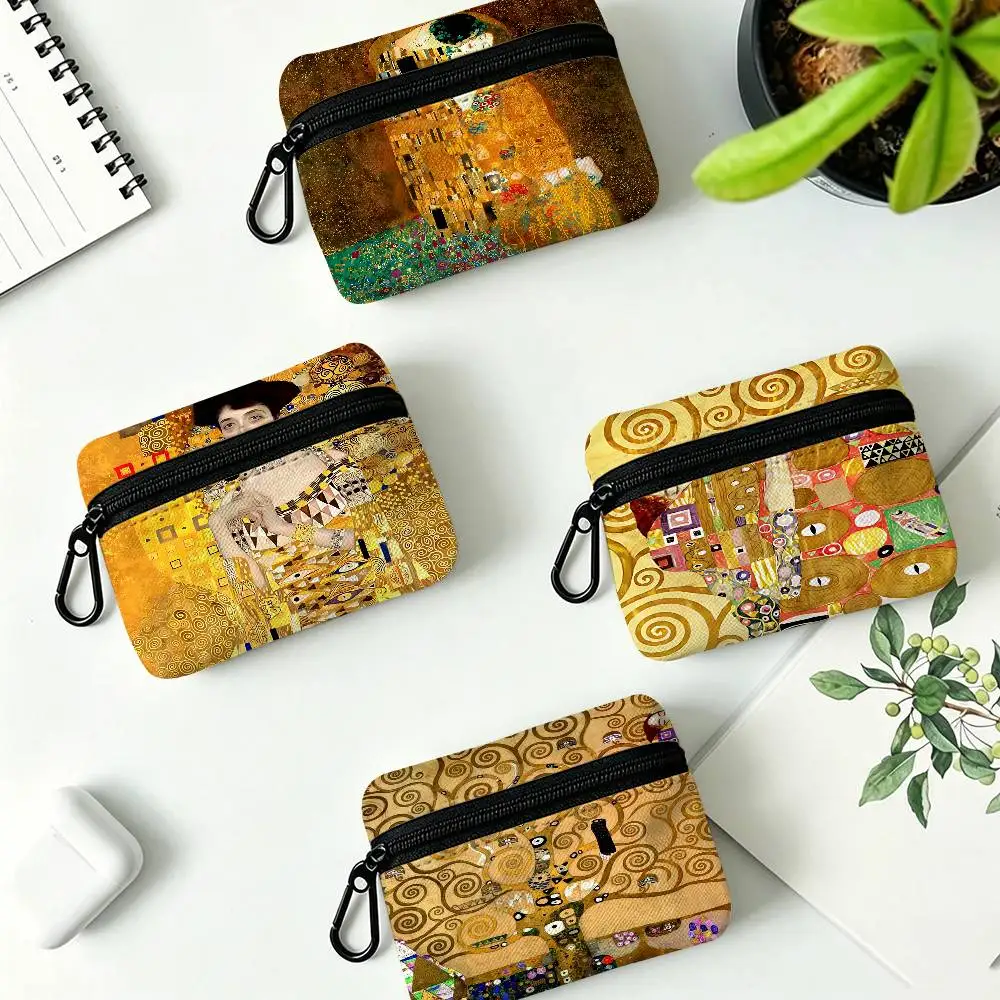 Classic Gustav Klimt Multifunctional Oxford Cloth Small Pouch With Hook Mini Coin Wallet Earbud Storage Bag
