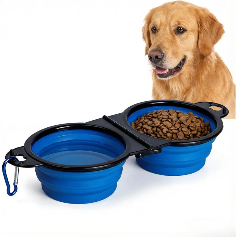 

2 In 1 Foldable Dog Cat Travel Bowl Portable Double Pet Food Water Bowl Silicone Outdoor Feeding Dish