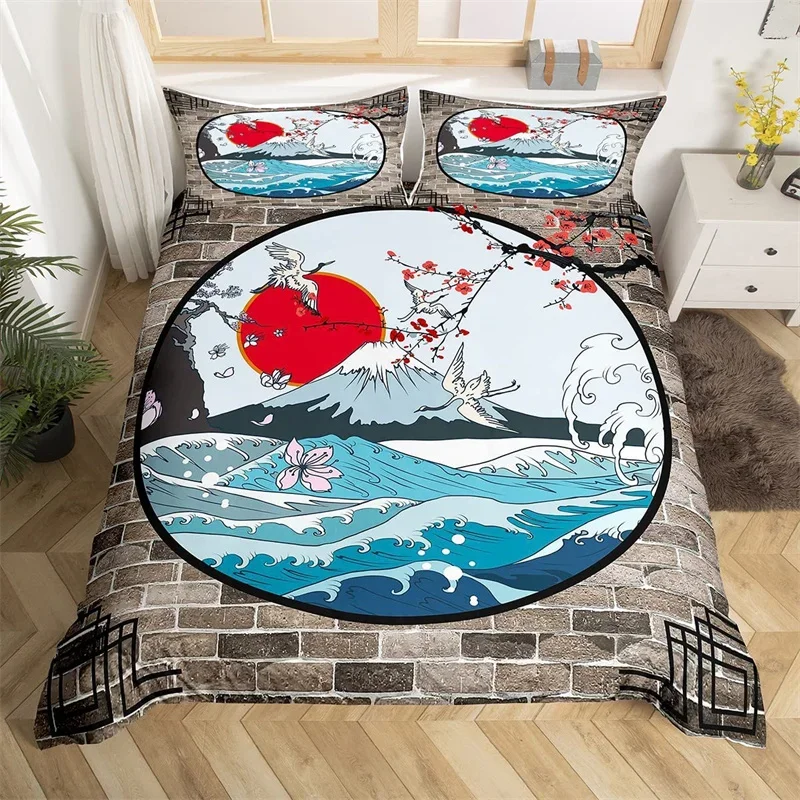 Single-Sided Japanese Crane Duvet Cover Set, Printed Comforter Beddings, Comfortable Bedspreads, Bedding Set, 3Pcs