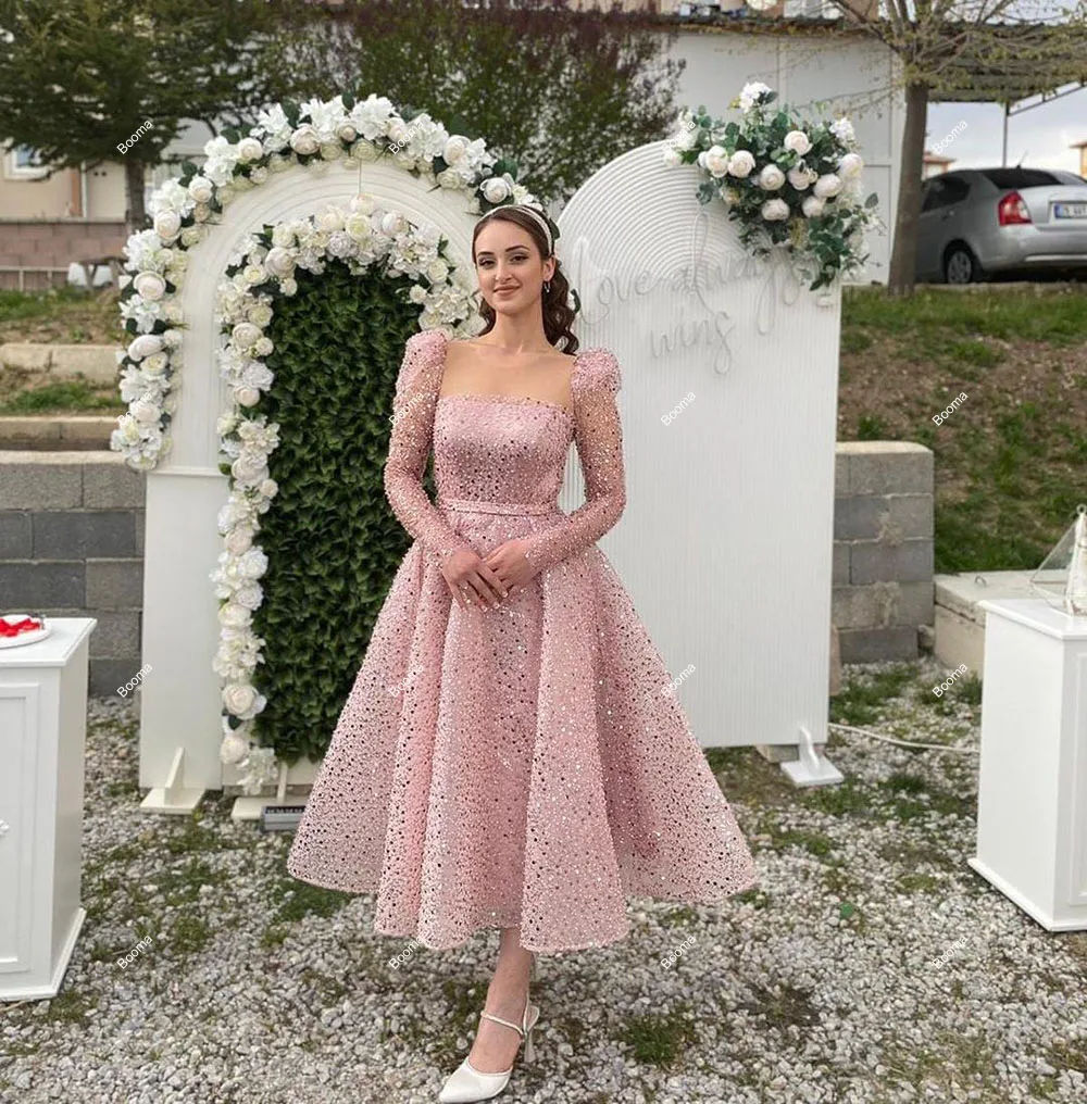 Booma A Line Pink Shiny Short Wedding Dresses Long Sleeves Bridals Gowns Sequined Midi Bride Party Dresses Elegant Evening Dress