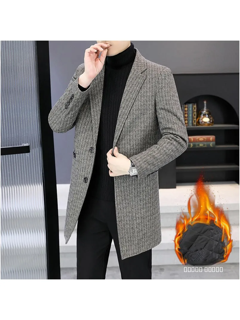 

Мужское утепленное шерстяное пальто средней длины, повседневное, деловое, теплое, зимнее 2025, из смесовой ткани хлопок-полиэстер, с вышивкой, приталенный крой