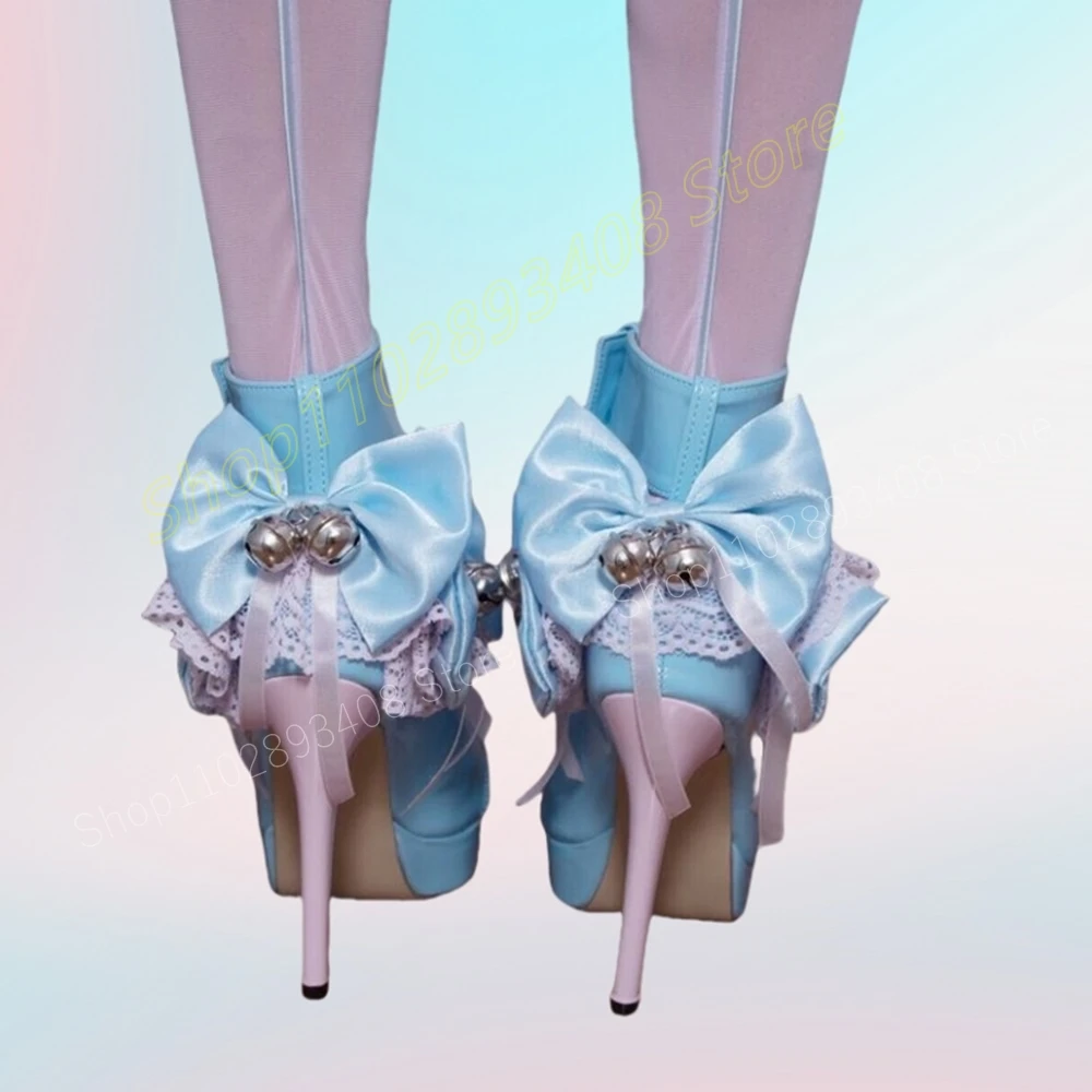 Escarpins à nœud papillon bleu bébé pour femmes, chaussures à talons hauts, conception de serrure à lacets, multicolore, décoration de cloche, cosplay, 2024