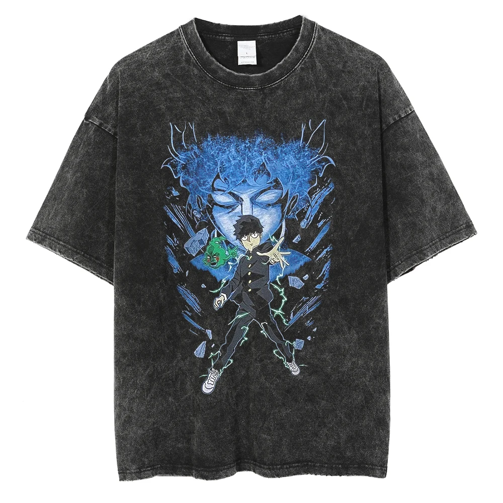 Mob Psycho 100 T Shirt Manga Printed Tshirt For Men Women Washed Cotton T-shirt Clothing Summer Short Sleeve Tees Tops view 4