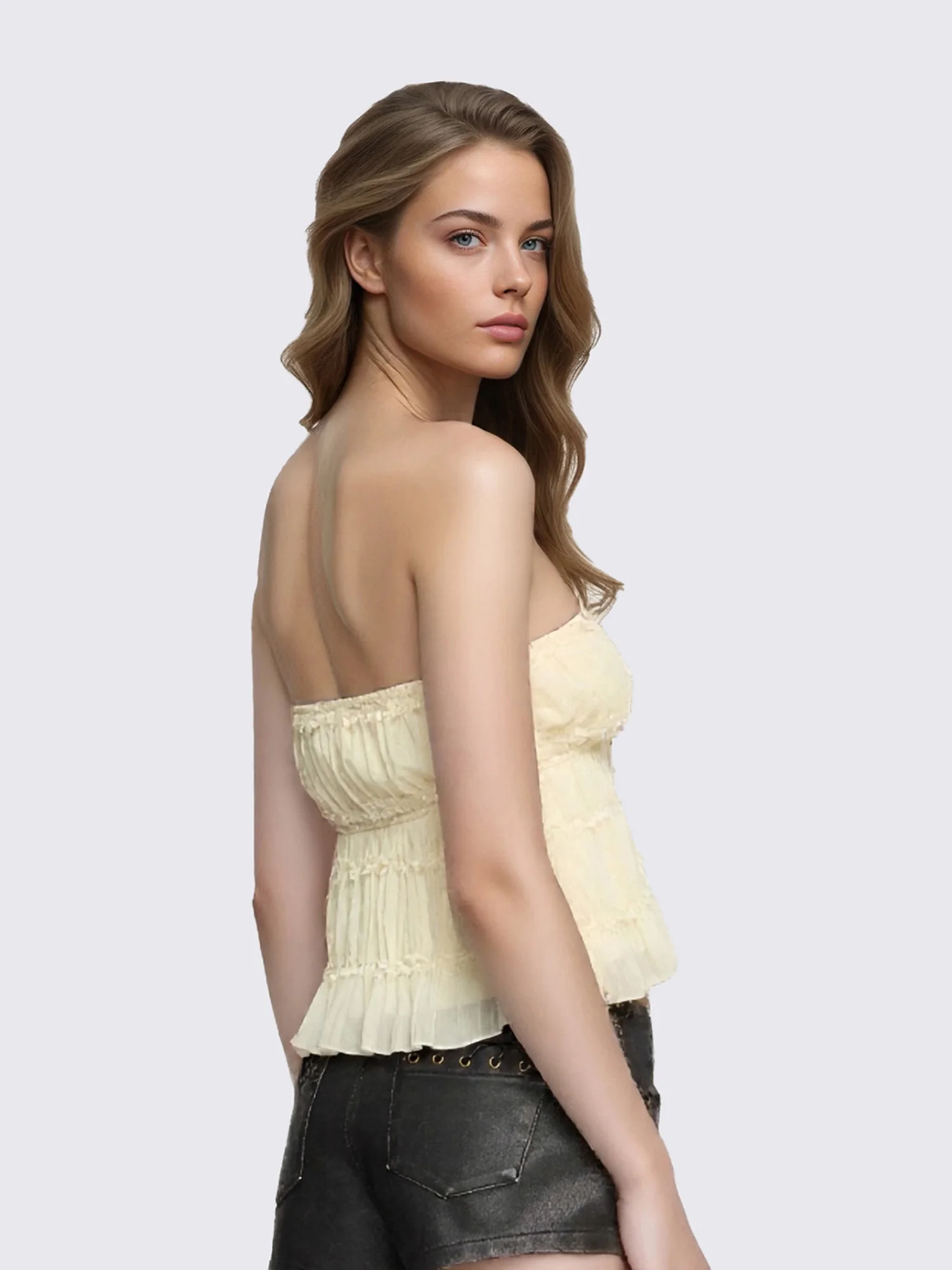 Elegantes einfarbiges Röhrenoberteil für Damen mit schulterfreiem Design, ärmelloses, gestuftes Rüschendetail, perfekt für den Sommer-Street-Style