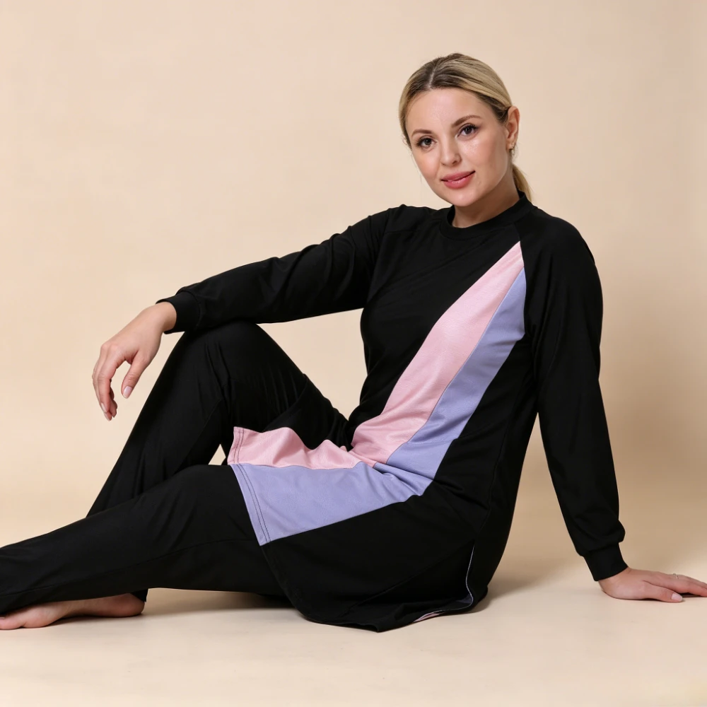 New Plus Size Women 2PCS Diagonal Color Block Burkini Swimwear Long Sleeve Tunic Top Full Length Pants Muslim Black Bathing Suit