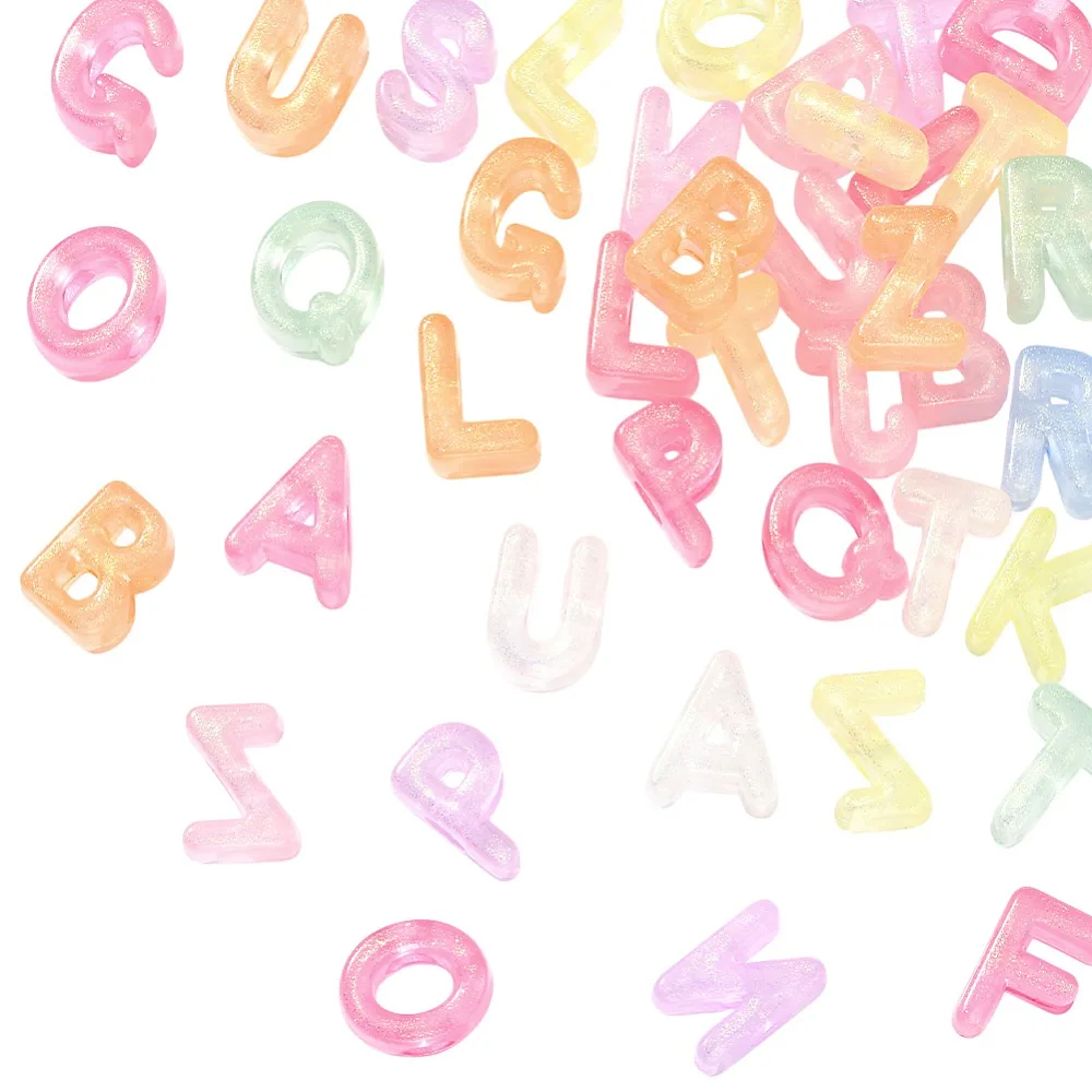

50Pcs Luminous Transparent Acrylic Beads Letter A~Z with Glitter Powder Glow in the Dark Mixed Color 18~19x6~19x12~13mm