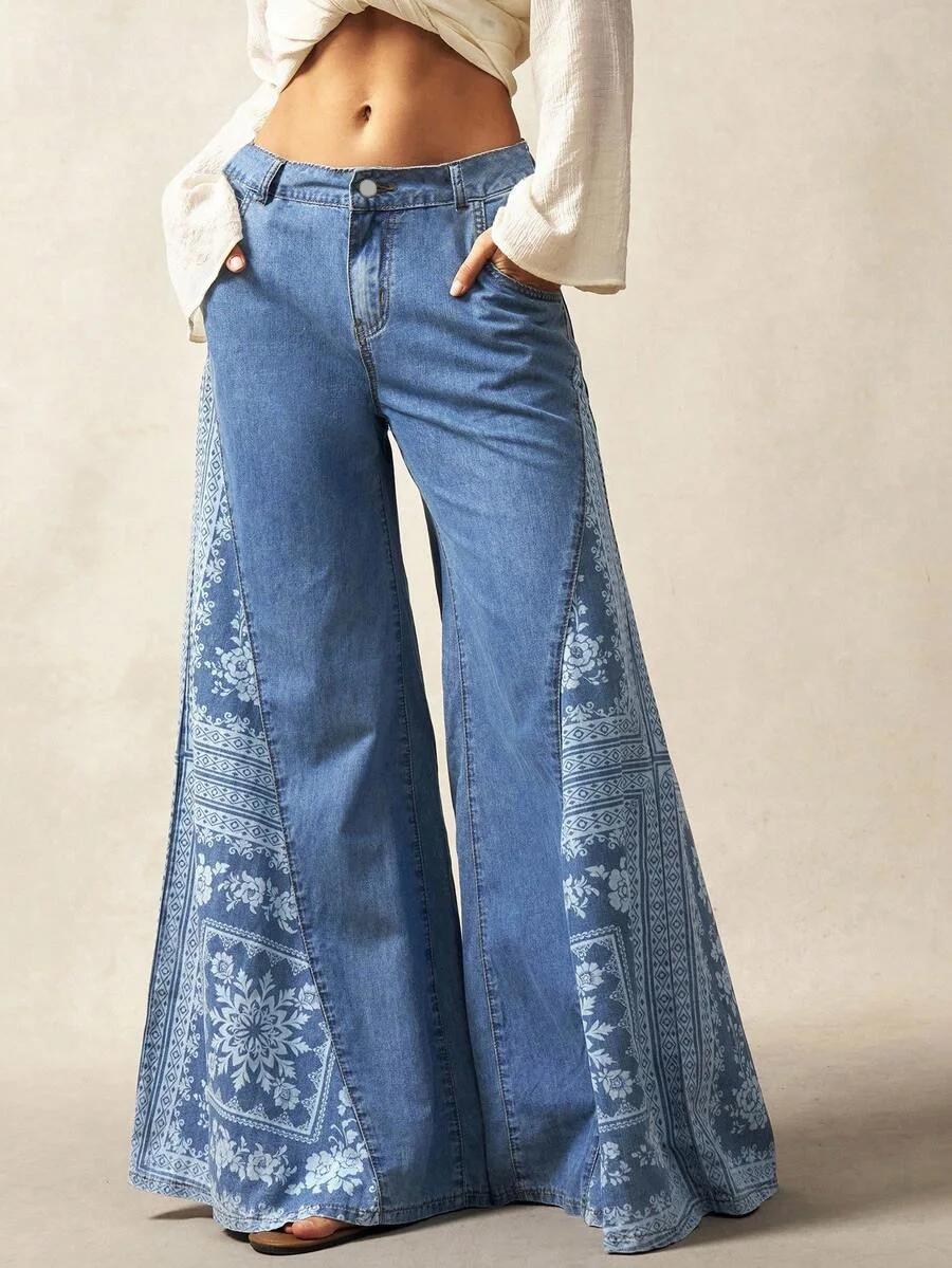 2026 Neue Damen-Jeans mit Blumenmuster und Patchwork, Übergröße, Locker Geschnitten mit Taschen, Lässige Vintage-Denim-Hose mit Weitem Bein – Detail 1