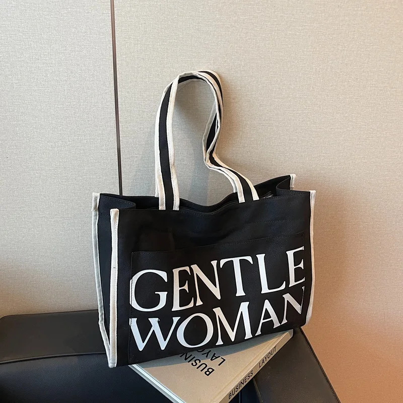 

2025 Новинка! GW Letter Tote Bag Женская модная универсальная холщовая сумка большой вместимости с принтом на плечо для поездок на работу