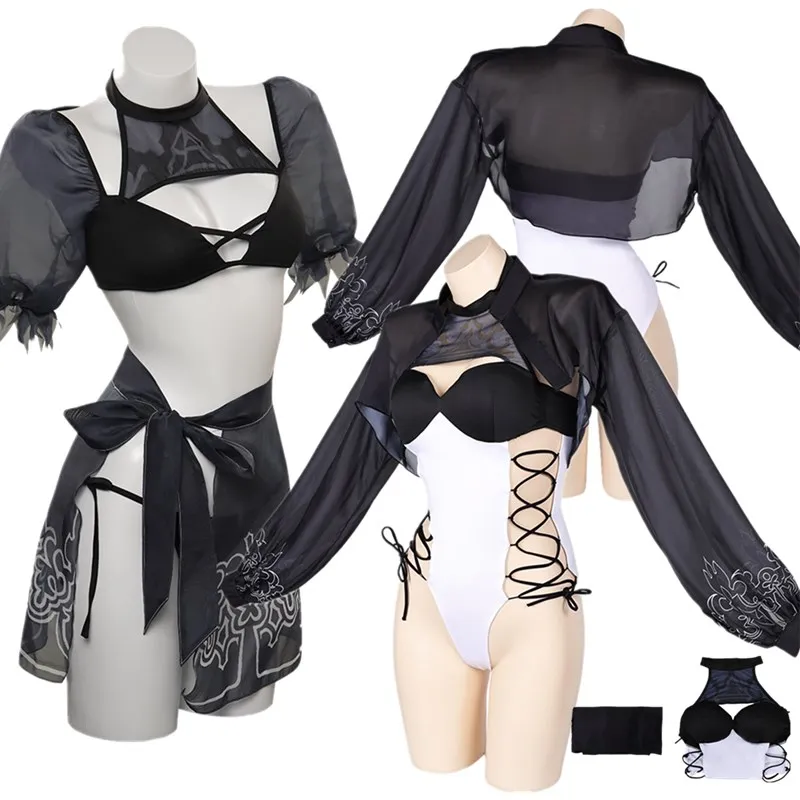 

NieR No2 Type Swimsuit Cosplay Costume Women 2B Fantasy Bikini Swimwear Jumpsuit Cloak Outfits Halloween Carnival Party Suit