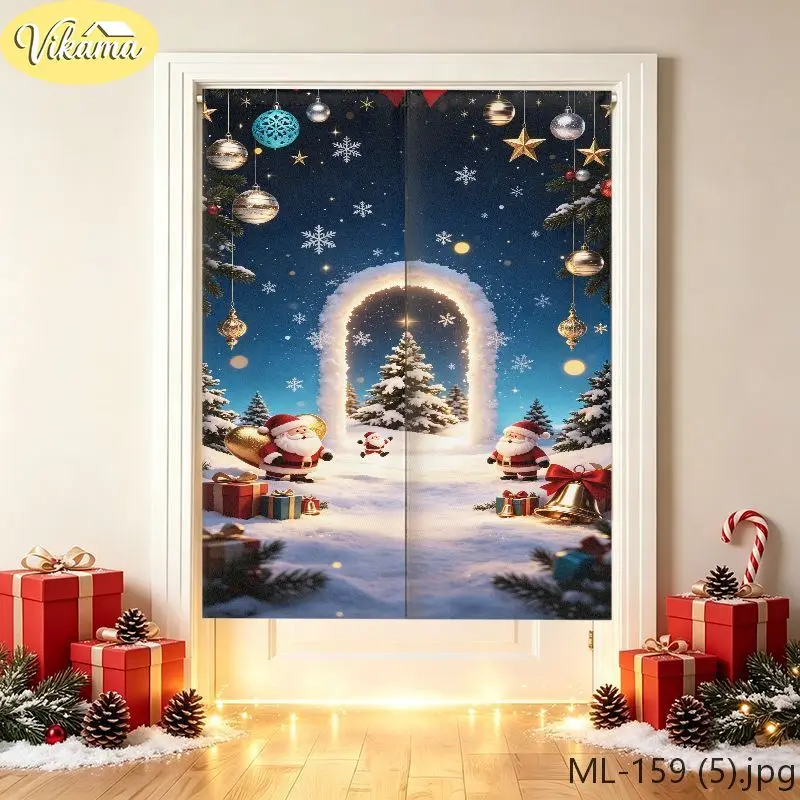 VIKAMA Night Sky Santa Snowy Arch Ornaments Door Curtain, HD Print Easy Hang Festive Door Cover, Winter Holiday Decor