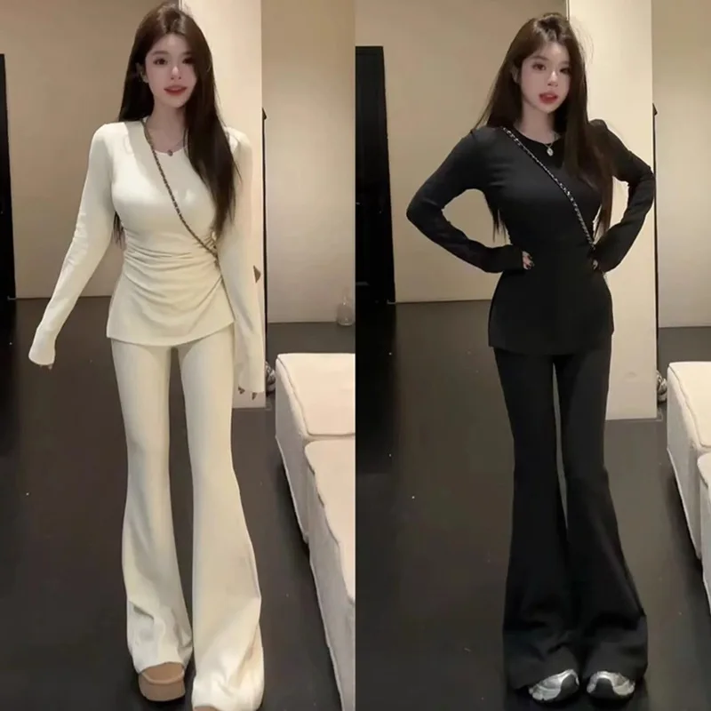Autumn Winter Women's Fashion Casual Slim Fit Long Sleeve T-Shirt Wide Leg Pants Two Piece Set Split Design Comfortable Wear
