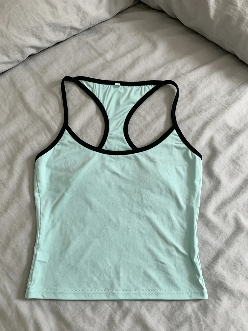 Trendy Women Summer Racerback Camisole Tops Contrast Black Edge Scoop Neck Sleeveless Slim Cropped Casual Streetwear Tank Vests