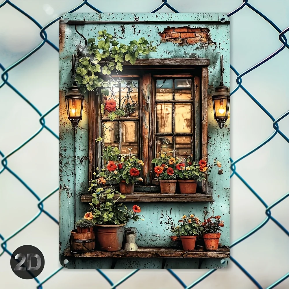 2D Flat Retro Country-Style Window Floral Metal Wall Art Sign - Dimensions 20.07X 30.23cm , Made of Iron, Features a 2D Flat Panel with a Farmhouse Window Flower Box, Perfect for Homes and Cafes
