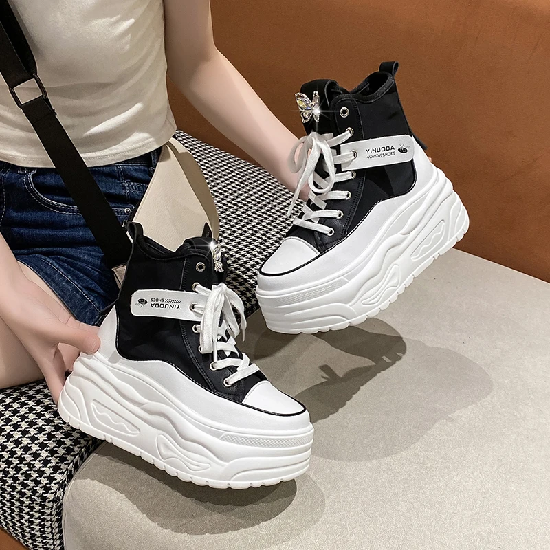 Fashion Spring Black Thick Sole Casual Dad Shoes Breathable Chunky Sneakers Lace-up 8CM High Platform Sports Shoes Zapatos Mujer