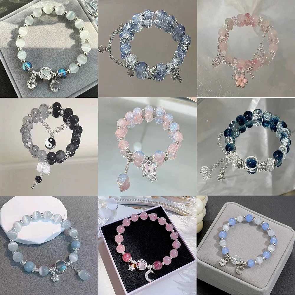 Crystal Fashion Girls Simple Beads Bracelet For Women Korean Flower Feather Tassel Bracelets Best Friend Jewelry Gift
